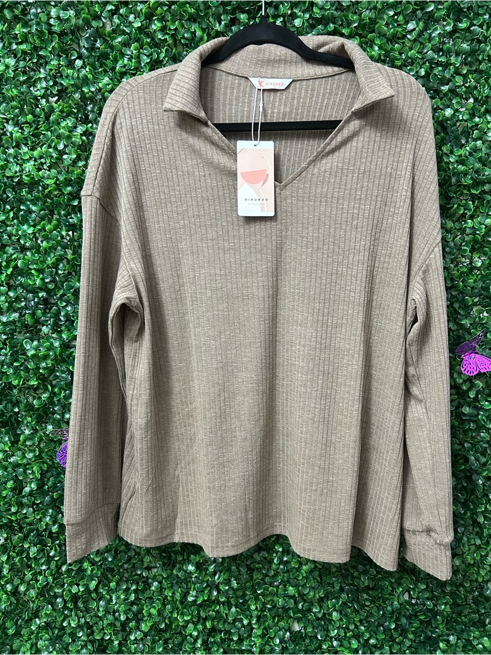 Kirundo Ribbed Knit Top Women’s Beige Long Sleeve Collared Sweater NWT